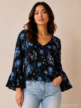 FIFTEEN TWENTY Black V-Neck Bell Sleeve Top with Blue Floral Print Size M